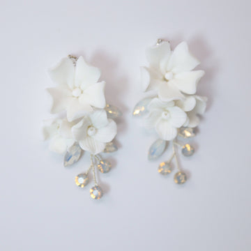 Swarovski Ceramic Opal White Flower Sparkling Crystal Long Bridal Jewelry Crystal Bridal Earrings Statement Earrings Cz